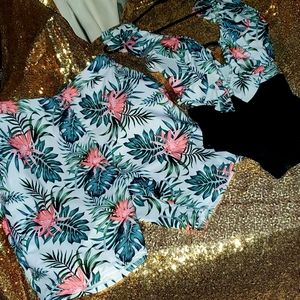 Couples matching poolside and swimwear